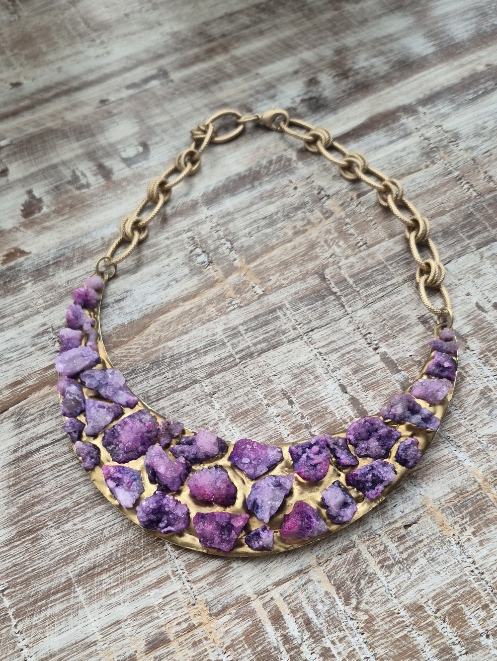 Statement Purple Druzy Collar Necklace - Gold Tone